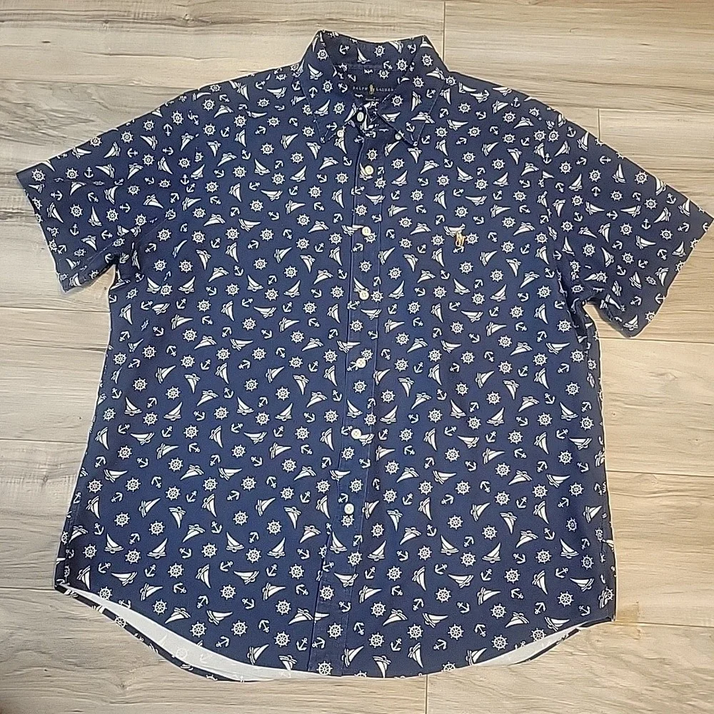 Polo Ralph Lauren Shirt Adult Large Blue Allover Print Boat Anchor‎ Flesh Pony